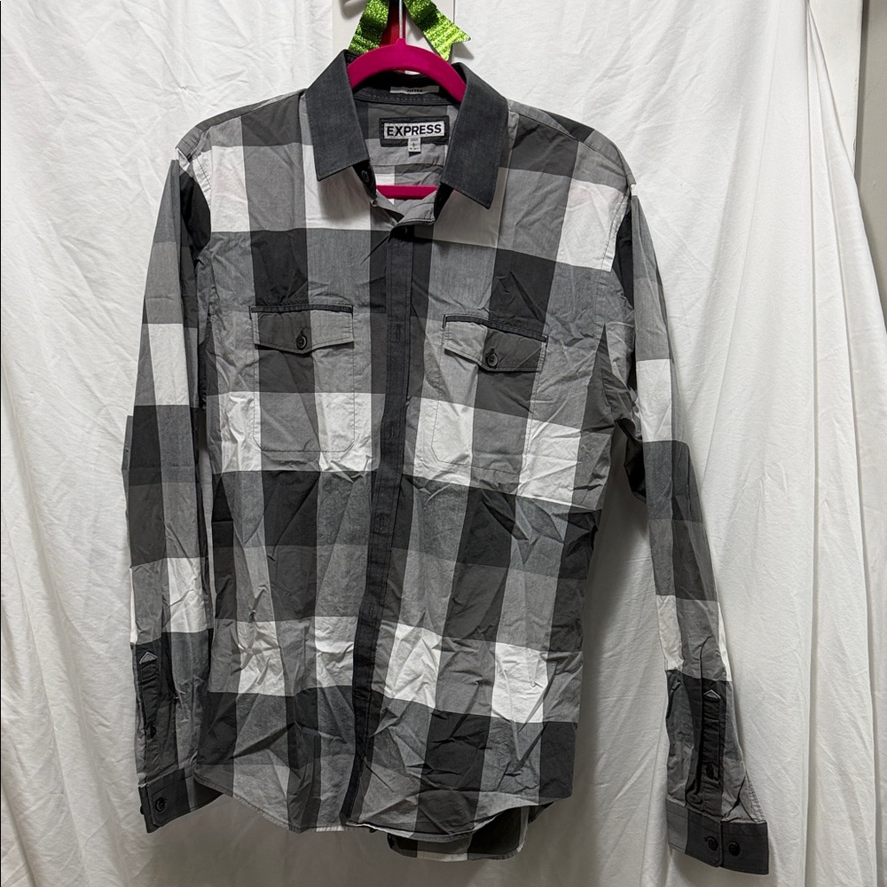 Express Black and White Plaid Casual Button Down Shirt